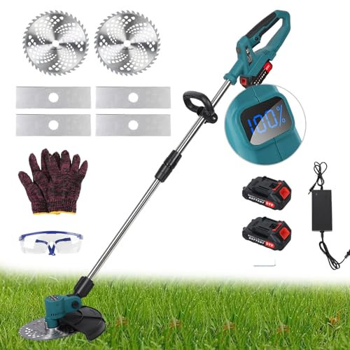 Cordless Weed Strimmer with Brushless Motor, 1280W 21V Electric String Trimmer, 110cm-142cm Retractable Lawn Mower, 2 Round Blades, 4 Straight Blades (Green 21V)