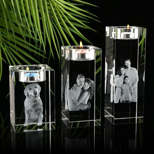 3D Laser Glas-Teelichthalter mit personalisiertem Foto - Gravierte Kerze mit Wunschtext - für Oma Geburtstag Hochzeit Jahrestag Weihnachten Geburtstag (5 x 5 x 6 cm)