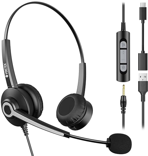 Voistek Casque USB avec Microphone pour PC/Ordinateur Portable, Léger on Ear, Microphone Réglable à Réduction de Bruit, Casque Audio Filaire pour Bureau, Télétravail, Chat, Zoom, Teams