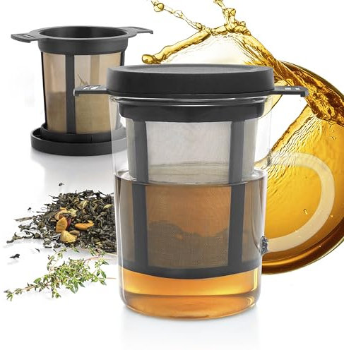 finum TEA GLASS SYSTEM, Borosilikat Teeglas mit Filterkorb, Edelstahlgewebe, schwarzer Deckel, 200 ml (12)