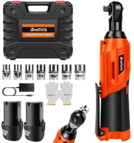 Cordless Electric Ratchet Wrench Set, 40 N.m 12V Power Ratchet Kit with 60-Min Fast Charger, 2 Packs 1500mAh Lithium-Ion Battery, 3/8 Right Angle Wrench with 7 Sockets and Carry Case for Repair DIY