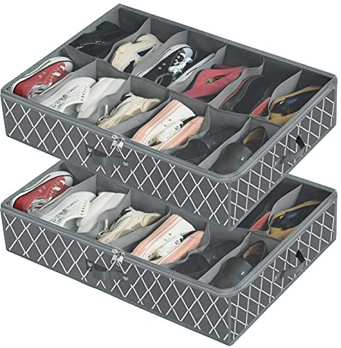 2 Stück Schuhaufbewahrung mit Deckel Faltbar, Schuhorganizer mit 24 Fächern Schuhschrank mit Sichtfenster für Flache Schuhe, Turnschuhe, Hausschuhe,Kleiderschrank (Hellgrau,74.42x59.54x14.98cm)