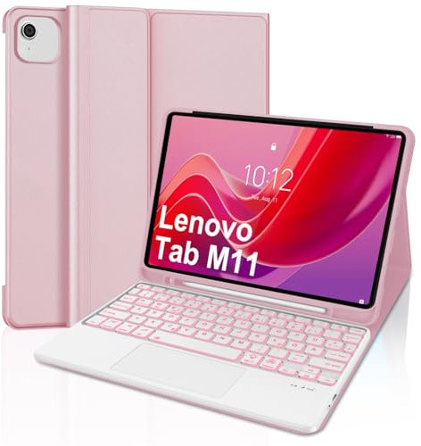 WINCHKING Hülle Mit Tastatur Für Lenovo Tab M11 2024, Hülle Tastatur Für Lenovo Tab M11 Tb330 11 Zoll, 7 Farben Beleuchtung, Bluetooth Magnetisch Abnehmbarer Mit Qwertz Layout, Rosa-Touchpad