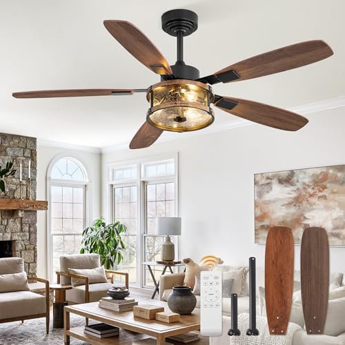 Ventilatore da soffitto rustico con luce e telecomando, ventilatori da soffitto da 52 pollici, colore nero, per camera da letto, soggiorno, ventilatore da soffitto industriale con gabbia per motore