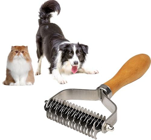 Haustier-Entfilzungskamm für Hunde und Katzen mit Holzgriff, Enthaarungsunterwoll-Rechen für Hunde mit Edelstahlklingen, Hundekamm zum Entwirren von Ausdünnung und Haarausfall, alle Haartypen