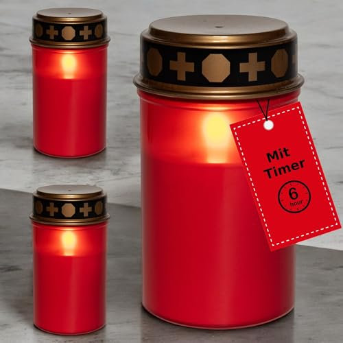 Novaliv Velas LED para tumbas sin batería y temporizador 6/18 rojas, 3 velas para cementerio, luz LED sin batería, vela de cementerio, vela LED para exteriores, vela conmemorativa para tumba, luz
