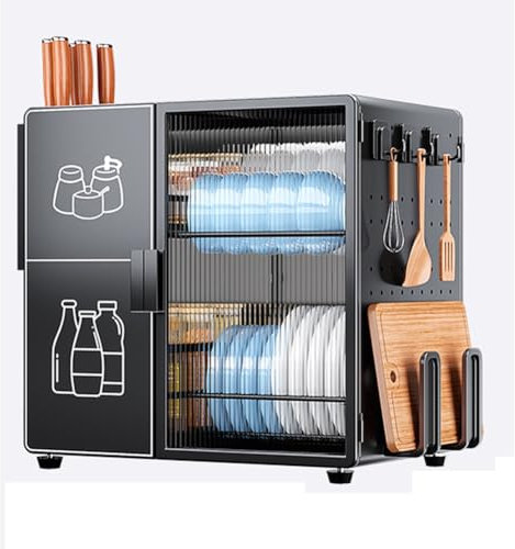 Armario de almacenamiento de platos para encimera de cocina, estante de secado de 2 niveles, organizador a prueba de polvo con cajones, soporte para colador de tazas para un almacenamiento y