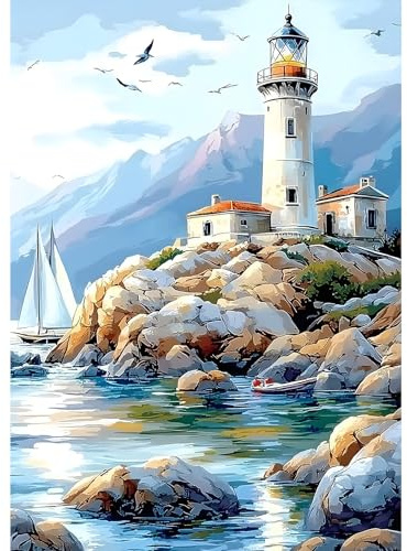 MXJSUA Diamond Painting Erwachsene, Segelboot Leuchtturm Diamant Painting Bilder 30x40cm 5d Diamond-Painting Geeignet Als Geschenk, Zur Entspannung und Als Wanddeko