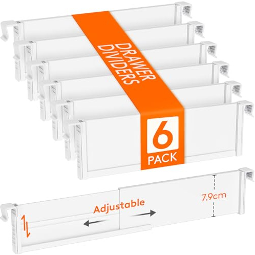 Lifewit 6 Set Hängende Schubladentrenner Verstellbar, 8 cm Hoch und 25-42,7 cm Länge, Schubladen Organizer, Schminktisch Ordnungssyste, Kunststoff Schubladenteiler für Küche/Schreibtisch/Büro, Weiß