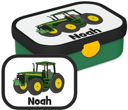 Mepal – Boîte à déjeuner personnalisée avec prénom pour enfant (Tracteur, motif Tracteur de dessin animé) – avec compartiment bento et fourchette – sans BPA, passe au lave-vaisselle