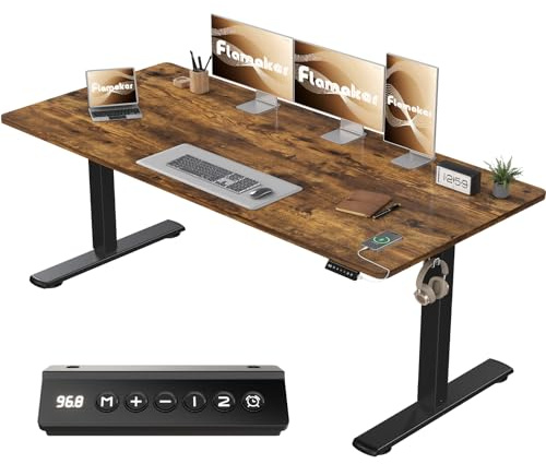 Flamaker Scrivania regolabile in altezza, tavolo intero 160 x 60 cm, scrivania regolabile in altezza elettrica con controllo memoria, tavolo da gioco con promemoria sedentario e ricarica USB (marrone)