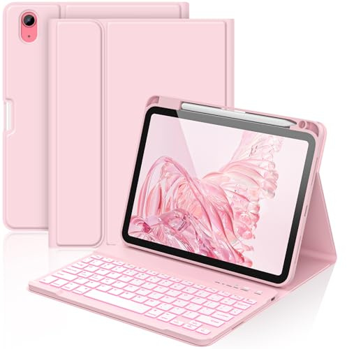 aMZCaSE Keyboard Case for iPad A16 11/10th Generation(11/10.9Inch) | 7 Colors Backlight Detachable Folio Keyboard Cover,UK Layout with Pen Holder for iPad 10/11 Gen 2022/2025(Light Pink)