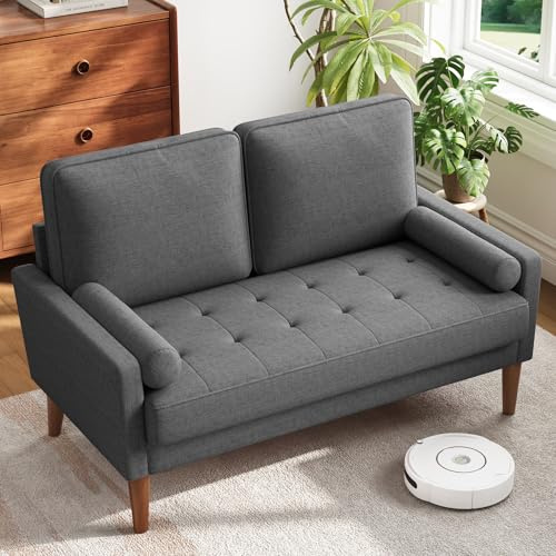 Vesgantti Sofa 2-Sitzer Modernes Kleines Sofa 121 cm in Dunkelgrau, Stoffcouch mit Armlehne Knopf-Design, inkl. 2 Wurfkissen Couch für Wohnzimmer, Büro, Gästezimmer, Wohnung