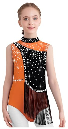 Sxiwei Justaucorps Gymnastique Fille Enfant Leotard sans Manches Strass Body Danse Patinage Artistique Costume Spectacle Compétition Orange 11-12 ans