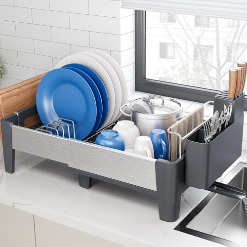 Urackify Dish Drainer Rack for Kitchen Counter, Expandable(12.7-19.7) Aluminum Dish Rack, Stainless Steel Dish Drainer with Movable Utensil Holder, Grey