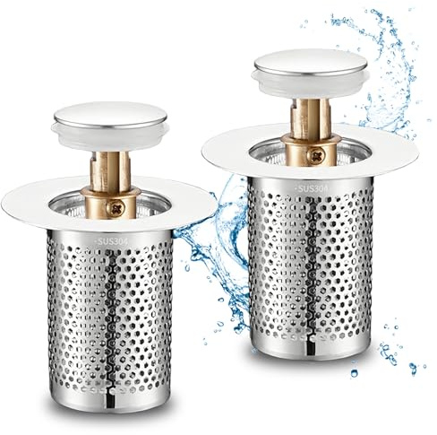 2 Stück Waschbeckenstöpsel Pop Up, Abflussstopfen mit Sieb Edelstahl Pop Up Ablaufventil Abflusssieb Waschbecken für Ablaufgarnitur Waschbecken (Durchmesser 33 bis 55mm) ohne Reinigungsbürste