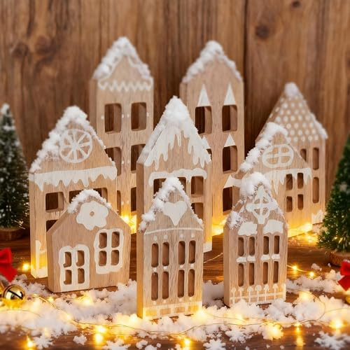 Xihaian 9 Pcs Christmas Village Houses Set with String Light Rustic Decor