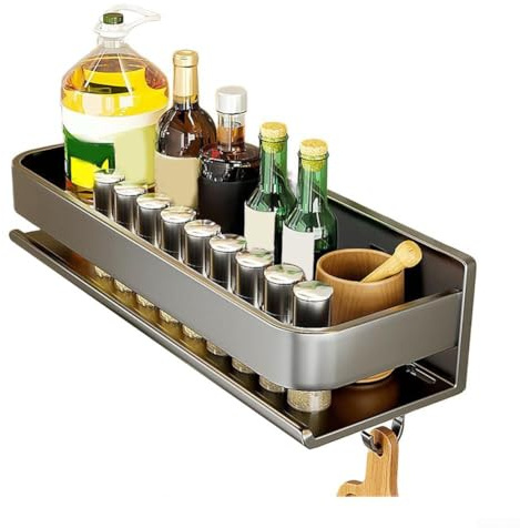 Estante de almacenamiento de cocina montado en la pared hecho de acero al carbono con instalación sin taladro, para organizar especias, tarros y utensilios pequeños (sin rastro) 40 cm 5 ganchos)