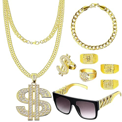 Zuhälter Goldkette Fasching Kit, 8 Stück 80/90er Jahre Hip Hop Anziehen Accessoires Mit Goldkette, Dollarzeichen Ring, Sonnenbrille Und Ring, Rapper Gangster Hip Hop Kostüm, Für Fasching, Mottoparty