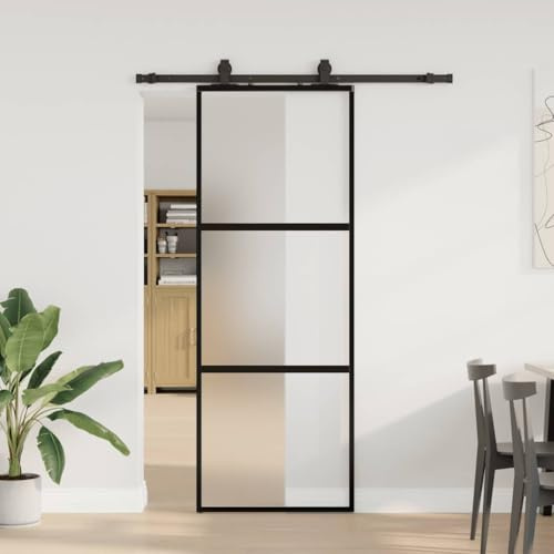 Versear Porta Scorrevole Vetro, Porte Interne, Porta Scorrevole con Binario Esterno, Set Porta Scorrevole in Vetro ESG Nera 76x205 cm