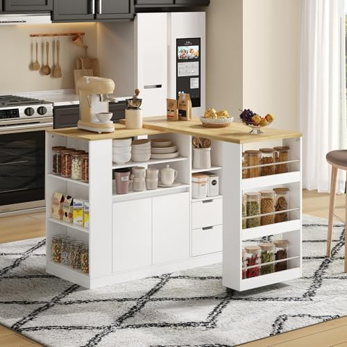 Juabett Bartisch mit Stauraum, Kücheninsel mit ausziehbarer Arbeitsplatte -mit 360°Drehfunktion, Beweglicher Beistelltisch mit dreiseitigen Regalen&2 Schubladen, Kaffeebar, Weiß, 115x50x92cm