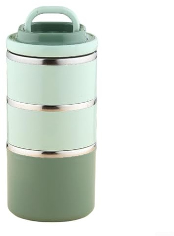 Lonchera apilable de acero inoxidable de 3 niveles aislada con sellos a prueba de fugas y bolsa de transporte para almacenamiento equilibrado de comidas (verde)