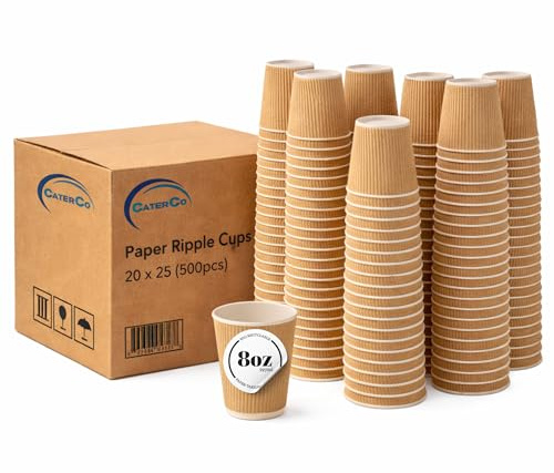 CaterCo 8oz Kraft Ripple Wall Coffee Cups - 50 Pack Triple Insulated Cups for Hot Drinks, Tea - Recyclable, Brown Paper Cups for Cafes, Takeaway, Office, Events - 8oz / 237ml - 500 Pack