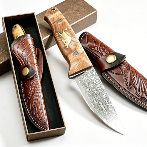 Feststehendes 67-lagiges VG10 Damast Jagdmesser mit Massivholzgriff & Lederscheide, Outdoor Überlebensmesser für Camping Wandern Angeln, Geschenk für Männer