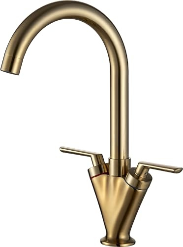 Swan Brushed Gold Kitchen Monobloc Sink Mixer Tap | Dual Lever | 360° Swivel Spout | Supplied with Hoses and Standard Fittings | Monobloc Design for Kitchen Sinks