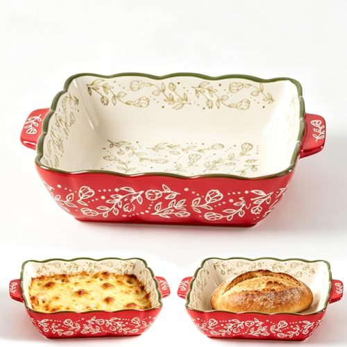 Cacerola de cerámica, molde rectangular con asas, diseño retro de flores, plato profundo de cerámica, molde para horno para lasaña, cazuelas y tiramisú, apto para horno y microondas (S)