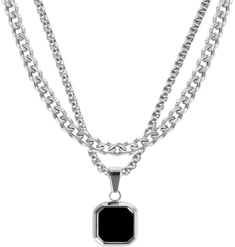Silver Men Cuban Chain Necklace, Punk Stainless Steel Layer Necklaces Gift