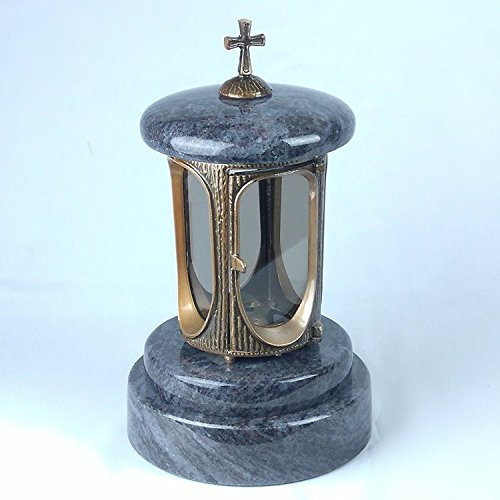 designgrab messingfarbenem en aluminium lampe tombale avec socle en granit rond diamètre = 20 cm, hauteur 5 cm, Aspect Antique avec croix et Granit Orion Blue/Coromandel/Bahama Blue