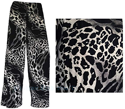 WearAll Damen Palazzohose mit weitem Bein, ausgestellt, elastisch, einfarbig, Übergröße, Größen 42–52 Gr. 42-44, Krawatte mit Leopardenmuster