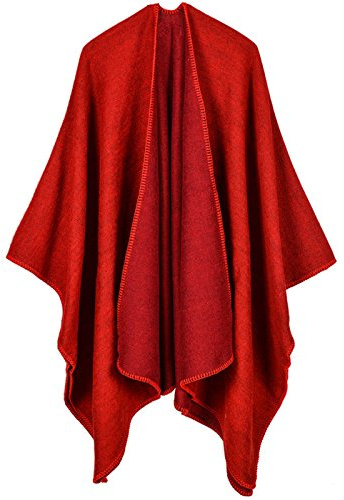 Cape Poncho Femme Foulard Couverture Chaude Vintage Rétro Châle Ouverture Grande Taille Ample Uni Vest Epais 130*150cm à Genou Automne Hiver Rouge
