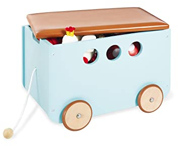Pinolino Spielzeugkiste Jim, aus Holz und Kunstleder, mit Zugschnur und gummierten Holzrädern, Deckel abnehmbar, ab 3 J., mint lackiert/Kunstleder braun