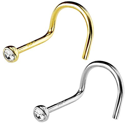 Piersando Piercing Echt 585 Gold 14 Karat Stab Stecker gebogen mit Zirkonia Steinchen für Nase Nasenpiercing Nasenstecker Nasenflügel Gelbgold