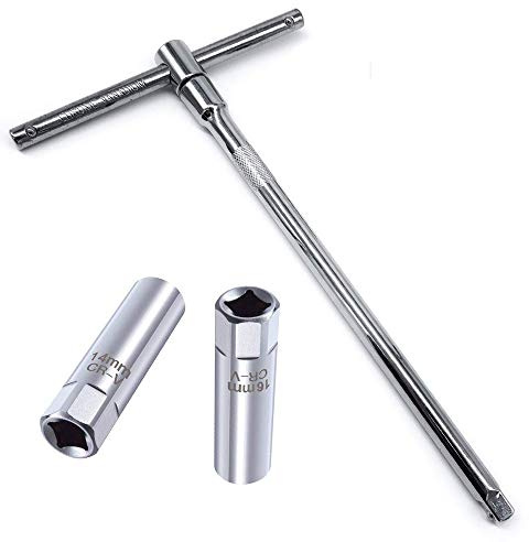 OSOF 14mm & 16mm Spark Plug Socket Thin Wall 12-Point Removal Tool 3/8 inch Square Drive Set + 3/8-Inch Drive Sliding T bar Torque Spanner Extension Kit 10inch/25cm