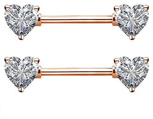 OUFER Piercing para pezón, 2 unidades, 14 g, 316 L, acero quirúrgico, con forma de corazón, circonita cúbica, piercing para el cuerpo, Acero inoxidable