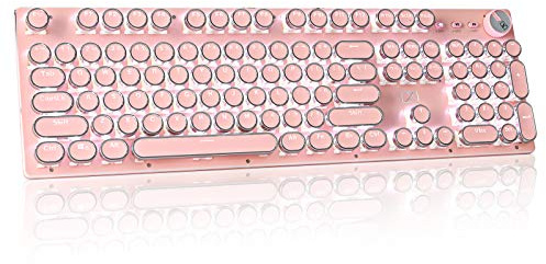 CHICHEN Teclado retro Steampunk para juegos estilo máquina de escribir, interruptores azules, retroiluminación blanca pura, cable USB, para computadora de escritorio, elegante teclado mecánico rosa