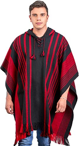 INTI ALPACA Men's Alpaca Poncho with Hood- Handmade Cape in Alpaca Wool - Winter Fashion - Traditional Peruvian Poncho - Home Cloak Coat (Black and Red)