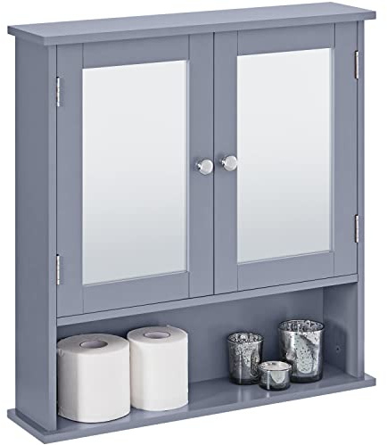 Yaheetech Bathroom Mirror Cabinet Wall-Mounted Storage Cabinet Modern Toilet Cupboard Storage Unit with Double Mirror Doors Adjustable Shelf, Grey, 13cm x 56cm x 58cm