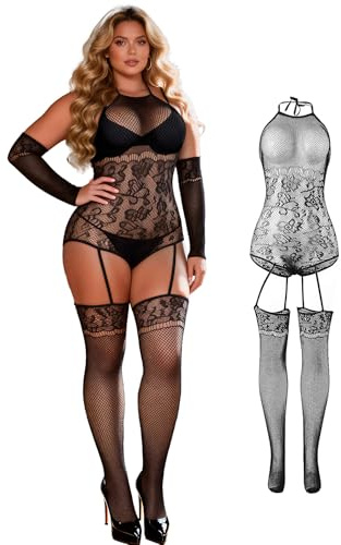 ohyeahlady Combinaison Resille Grande Taille Femme Tenue Sexy Femme Coquine Hot Ensemble Lingerie Bas Erotique Guepiere Lingerie et Vêtements Sous-vêtements Féminins Hot(L-XXL,Noir)