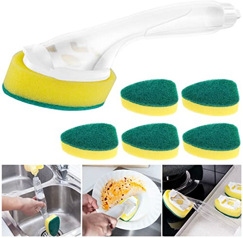 JTWEB Dishwand Refills Handle with 7 Replacement Sponge Heads Heavy Duty Dishwand with Non Scratch Refills Dish Sponge Reusable Scrub Sponge Soft Dishwashing Scrub for Kitchen Bathroom Cookware UX