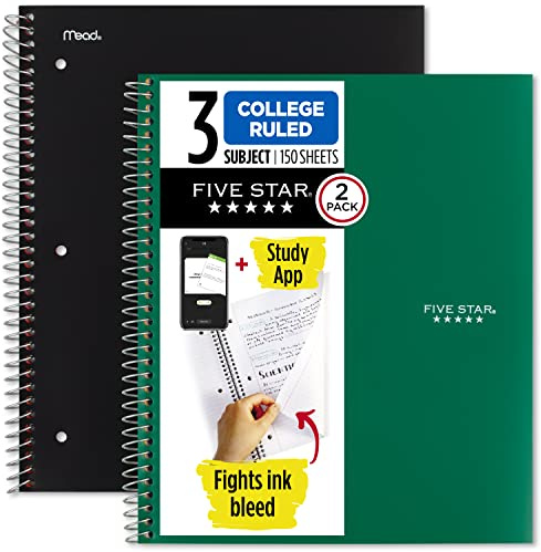 Five Star Spiral Notebook + Study App, 2 Pack, 3 Subject, College Ruled Paper, 8-1/2 x 11, 150 Sheets, Fights Ink Bleed, Water Resistant Cover, Black, Green (820191)