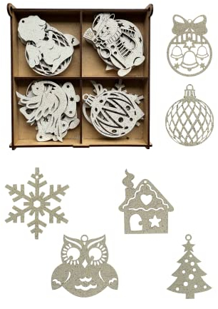 SMEREKA 16 Baumschmuck Weihnachten Set mit Kasten | Christbaumschmuck Holz mit Glitzer | Natur Tannenbaumschmuck Deko | Weiß Holzanhänger Schneeflocke, Weihnachtsengel, Glocken, Sterne