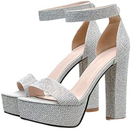 DSAI Sandali con plateau in argento con strass, punta aperta e cinturino alla caviglia, con tacco quadrato, scarpe da sposa da donna, colore argento, 39