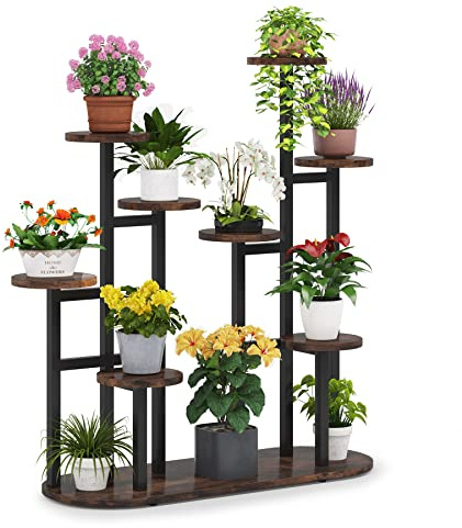LITTLE TREE Mehrstöckiger 11-teiliger Pflanzenständer für Zimmerpflanzen, hohes Pflanzenregal, Blumenständer, Pflanzenregal für Garten, Balkon, Wohnzimmer, rustikales Braun