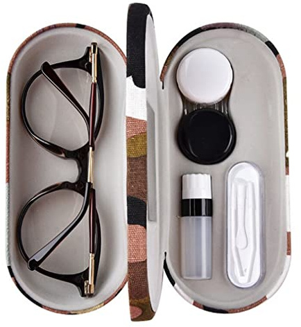 RURUOGUK Contact Lens Case - 2 in 1 Double Sided Glasses Case with Built-in Mirror, Tweezer and Contact Solution Bottle - Portable Contact Lens Storage Box for Travel (Camouflage)