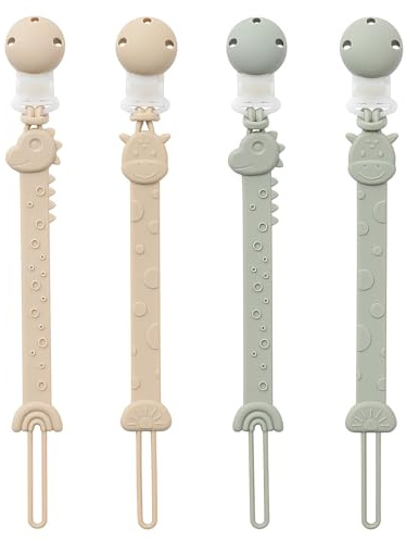 YIVEKO Pacifier Clips for Baby Boys Girls, One-Piece Silicone Pacifier Holder Strap 4 Pack, Binky Paci Clips Animal Rainbow Design, Lightweight Break-Resistant, Dishwasher Safe-Ivory+Sage