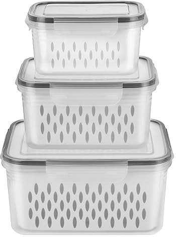 KOXXIAMOQ Caja de almacenamiento para frutas y verduras, 6 unidades/3 juegos de recipientes con tapa, cajas de almacenamiento para frigorífico, con tapa y colador 0,85 L + 1,75 L + 3,3 (pesimista)